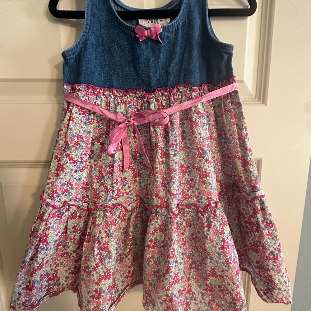Denim Top Pink Floral Tie-Waist Kids Dress